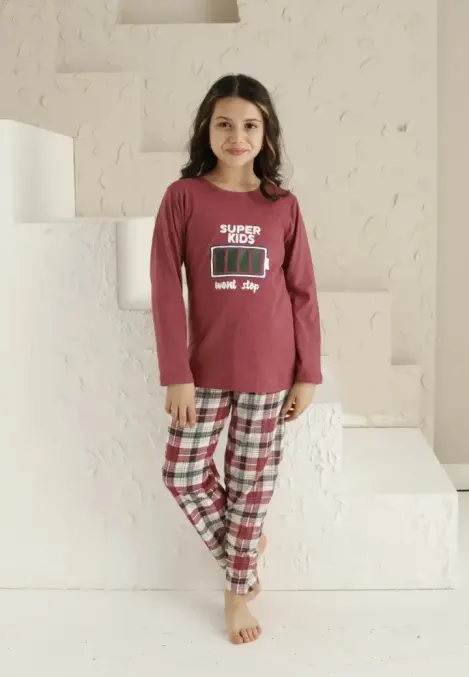 Pijama Fete, Mânecă Lungă si Pantaloni Lungi, Imprimeu Super Kids, Roz Închis,Engros